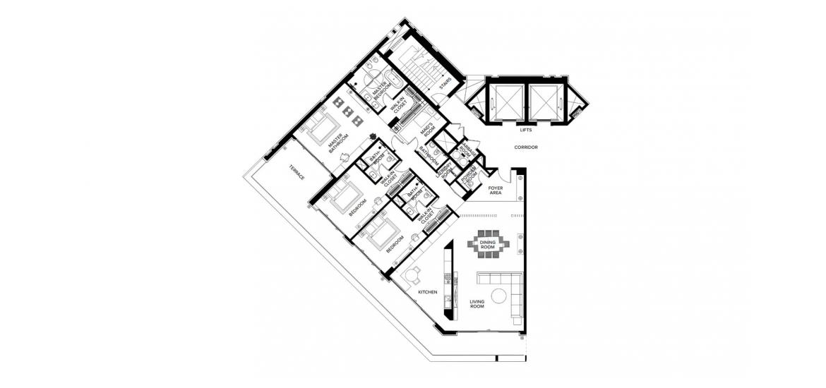 Планировка апартаментов «3BR A» 3 спальни в ЖК THE RITZ-CARLTON RESIDENCE